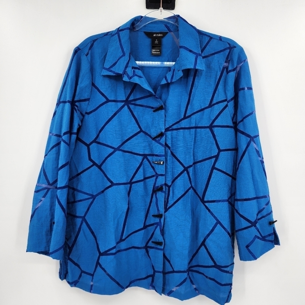 Ali Miles 3/4 Sleeve Button Front Blouse Womens Size Medium Blue Sheer Detail